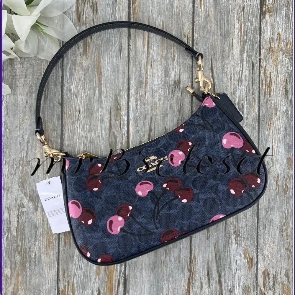 Authentic Coach Teri Shoulder Bag In Blue Signature Canvas With Cherry Print